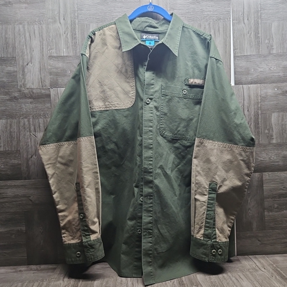 Columbia Mens XL Shooting Shirt Long Sleeve Green Tan Button Up Outdoors Hunting